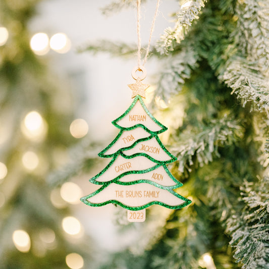 Family Engraved Wood Christmas Tree Ornament