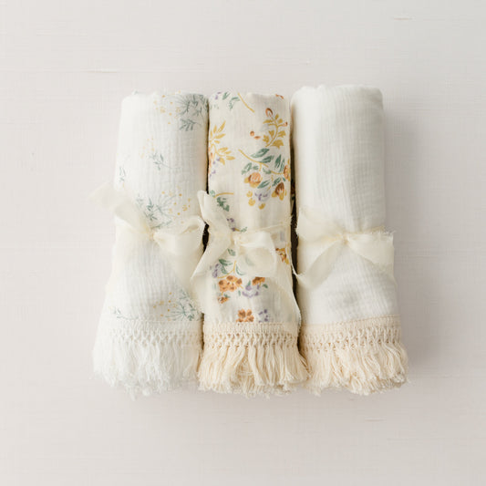 Boho Baby Muslin Swaddle Blanket with Fringe Edging